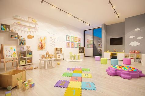 Modern Luxury Playroom, Playroom Ideas Luxury, Small Bathroom Floors, Small Bathrooms With Bath, Luxury Daycare, Bathrooms With Bath, Modern Daycare Design, Small Bathroom With Bath, Small Bathroom Cabinet