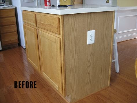 THE BEFORE: Honey oak kitchen island Kitchen Island Update, Kitchen Island Base, Oak Kitchen Island, Island Cabinet, Island Makeover, Painted Kitchen Island, Kitchen Island Makeover, Cabinet Island, Builder Grade Kitchen