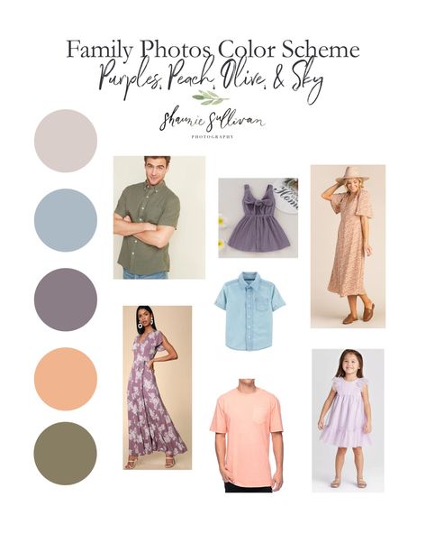 Family Photo Outfits Color Schemes - Purples, Peach, Olive, & Sky - Shaunie Sullivan Photography Purple Easter Outfit Family, Family Photo Purple Color Scheme, Purple Family Pictures, Family Photo Outfits Color Schemes, Family Photo Outfits Summer, Picture Color Schemes, Spring Family Pictures, Family Photos What To Wear, Family Portrait Outfits