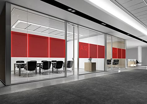 Office Furniture on Behance Window Branding, Work Office Decor Ideas, Window Brands, Glass Partition Wall, Office Partitions, Office Wall Design, Dental Office Design Interiors, Office Ceiling, Red Office