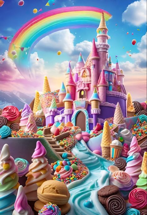 Candy Land Wallpaper, Candy World Illustration, Candy Castle Candyland, Candyland Castle, Candy World, Fantasy House Art, Candy Castle, Candy Land, Castle Illustration