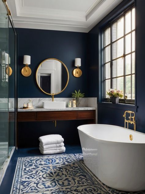 10 Captivating Navy Bathroom Ideas - Homezillo Navy Paint Bathroom, Navy Walls Bathroom, Navy Bathrooms, Navy Bathroom Ideas, Dark Blue Bathroom, Dark Blue Bathrooms, Luxury Spa Bathroom, Navy Blue Bathrooms, Navy Bathroom