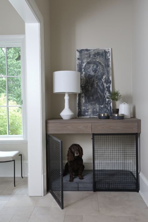 Creative Clothing Storage Baskets, Kennel Diy Indoor, Dog Room For Multiple Dogs, Diy Metal Dog Crate, Dog Crate In Living Room Ideas, Dog Crate Makeover Diy, Dog Crate Console Table, Luxury Dog Crate, Dog Living Room Space