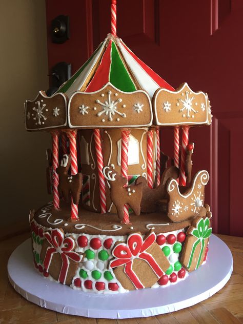 Gingerbread Roller Coaster, Gingerbread Carousel Template, Gingerbread Carousel, Gingerbread Creations, Cool Gingerbread Houses, Candy Castle, Festival Of Trees, Penguin Cakes, Gingerbread House Parties