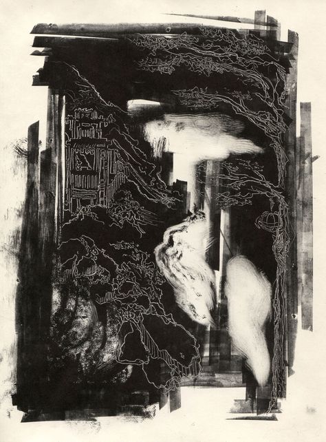 "Epiphany" Monotype print by Jannat Day  #art #printmaking #monotype #ink Monotone Abstract Art, Intaglio Printmaking Ideas, Monotype Printmaking Ideas, Experimental Printmaking, Monotype Art, Reduction Printmaking, Printmaking Artists, Printmaking Monotype, Monotype Printing