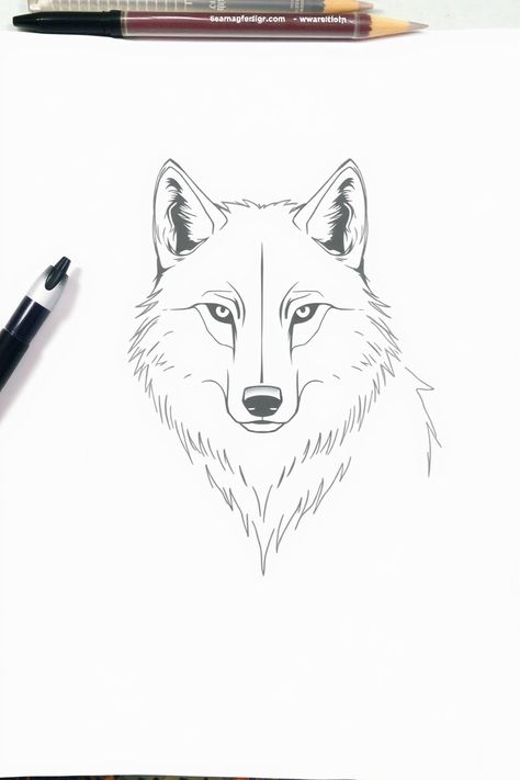 Check Out This Simple Line Wolf Drawing & 12+ Other Wolf Drawing Ideas! #drawing #drawinginspiration Drawing Wolves Tutorials, Wolf Head Painting, Wolf Tattoo Design Sketches, Wolf Drawing Simple, Simple Wolf Drawing, How To Draw A Wolf, Easy Wolf Drawing, Wolf Outline Drawing, Wolf Drawing Sketch