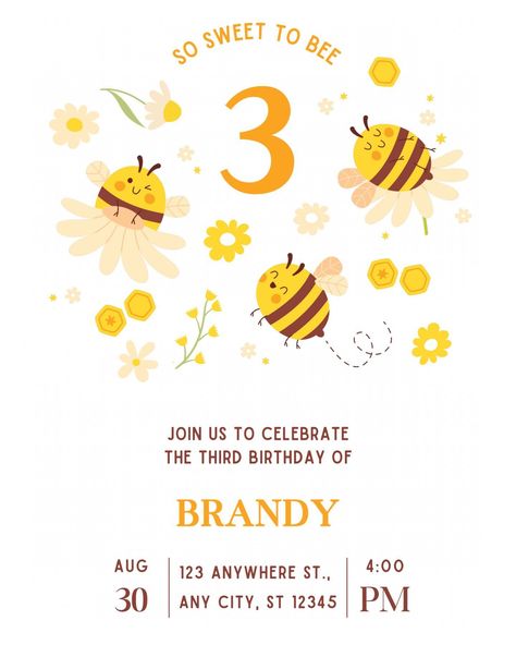 So Sweet to Bee 🐝 Three Birthday Evite #Vfccreativedesigns #DigitalInvitations #InvitationDesign #Cutedesigns #Partyevites #birthdayevites Sweet To Bee Three, Three Birthday Party, Three Birthday, Fedex Office, Birthday Evite, Third Birthday Party, Bee Party, Office Depot, Third Birthday