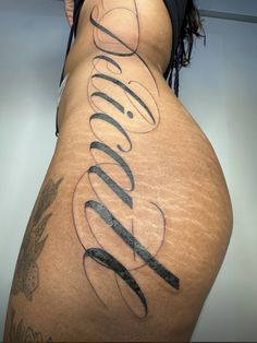 Cursive Leg Tattoo, Big Word Tattoos, Bold Tattoo Fonts, Revenge Tattoo, Cute Thigh Tattoos, Cursive Tattoos, Cute Hand Tattoos, Calligraphy Tattoo, Fire Tattoo