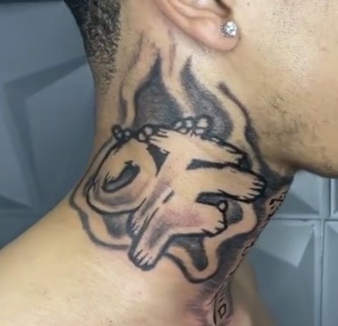 Flame Neck Tattoo Men, Side Of Neck Tattoo Men, Neck And Throat Tattoos Men Hood, Middle Neck Tattoo, Middle Neck Tattoo Men, Black Men Neck Tattoos, Otf Tattoo Tat, Full Neck Tattoos For Men, Front Neck Tattoo For Guys