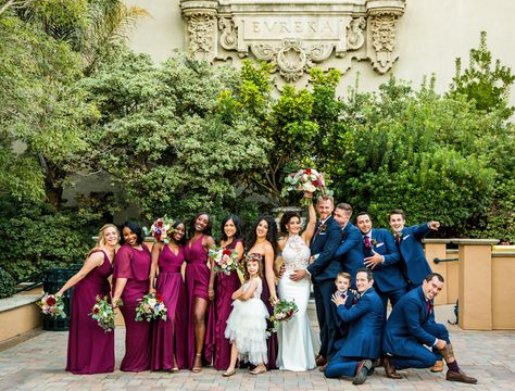 Dusty Blue And Fuschia Wedding, Berry And Blue Wedding, Berry And Navy Wedding, Magenta And Navy Blue Wedding, Navy Groomsmen Suits And Bridesmaids, Blue And Magenta Wedding, Navy And Burgundy Suit, Bride And Flowergirl, Groomsmen In Navy