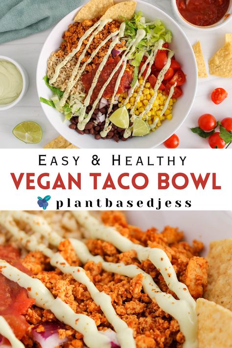 View on a vegan taco bowl covered with a creamy avocado crema sauce. Vegan Southwest Bowl, Vegan Taco Bowl Recipes, Tofu Taco Bowl, Vegan Taco Bowl, Tofu Taco Meat, Avocado Lime Sauce, Veg Tacos, Gluten Free Bowl, Vegan Tacos Recipes