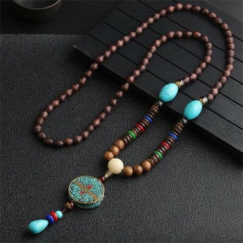 Collar Hippie, Buddhist Mala, Spiritual Necklace, Beads Pendant, Wood Bead Necklace, Ocean Jewelry, Wooden Necklace, Beaded Pendant Necklace, Wood Necklace