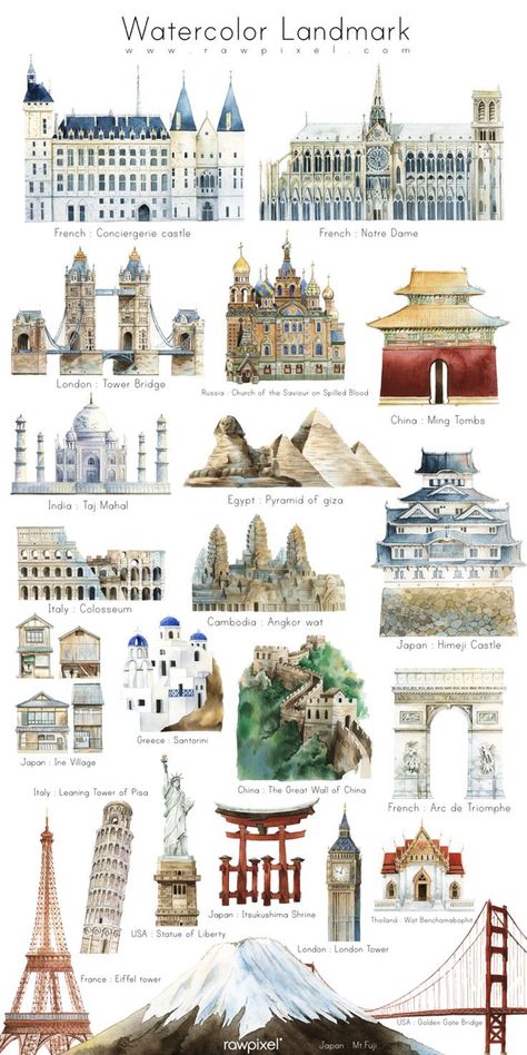 World Landmarks Illustration Design, Famous Bridges Of The World, Landmarks Drawing, Famous Places Around The World, Lady Of Liberty, Famous Landmarks Around The World, Taj Mahal Drawing, Landmarks Of The World, Landmark Design