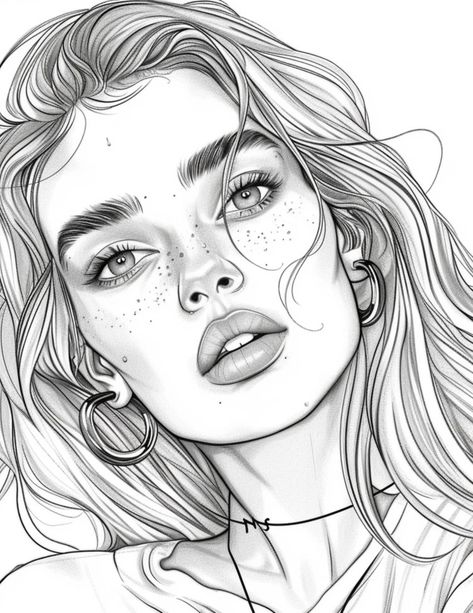 Woman’s Face Drawings, Woman Coloring Pages Faces, Rik Lee Illustration, Realistic Coloring Pages, Face Coloring Pages, Woman Face Drawing, Outline Portrait, Rik Lee, Beautiful Coloring Pages