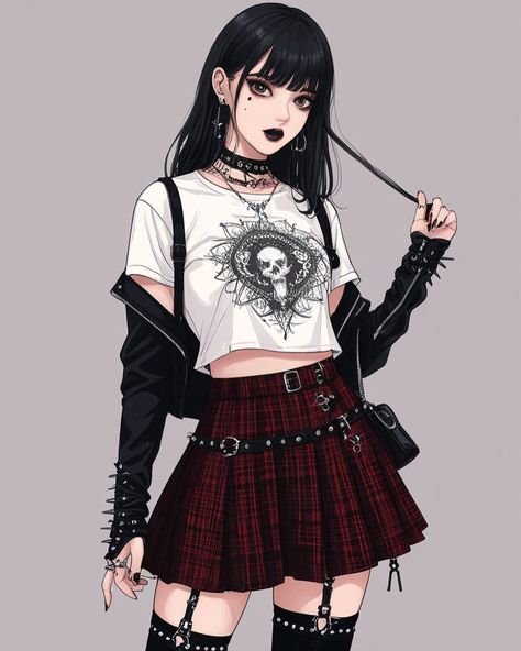 #aiart #aiartwork #aiillustration #manga #anime #illustration #aigirl #aiwoman #aipunk #punk #grunge #gothic Goth Anime Outfit, Grunge Outfit Drawing, Anime Oc Outfits, Anime Style Outfit, Metal Girl Outfit, Gorillaz Oc, Anime Goth Outfits, Goth Girl Art, Punk Girl Outfits