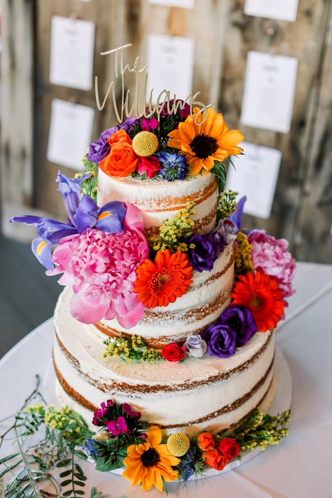 Flower Tiered Cake, Wedding Cake Designs Colorful, Colorful Wedding Dessert Table, Wedding Cake Ideas Spring, Simple Colorful Wedding Cake, Backyard Wedding Colorful, Colorful Wedding Cake Ideas, Small Colorful Wedding Cake, Rustic Colorful Wedding