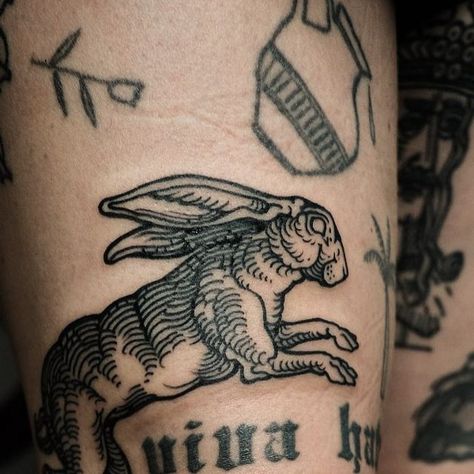 Woodwork Tattoo, Traditional Hare Tattoo, Rabbit Flash Tattoo, Jack Rabbit Tattoo Traditional, Blackwork Rabbit Tattoo, Creepy Rabbit Tattoo, Rabbit Engraving, White Rabbit Tattoo, Science Tattoo