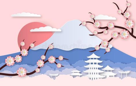 Japanese Art Landscape, Hills Illustration, Origami Sakura, Fuji Painting, Japanese Trees, Japanese Paper Art, Origami Home Decor, Panorama Landscape, Trees Garden