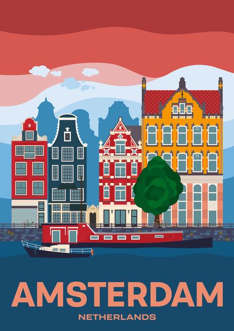 Amsterdam | Illustrated posters of Places We Have Been To Amsterdam Illustration, Career Building, Dancing House, North Holland, Amsterdam Travel, Amsterdam Netherlands, Bedroom Posters, Art Logo, Travel Poster