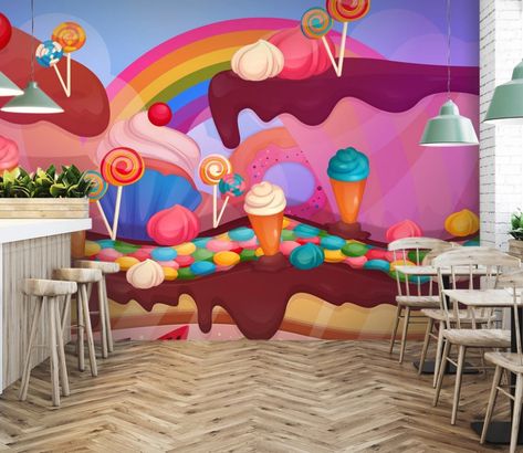 Boutique Patisserie, Candy Ice Cream, 3d Rainbow, Bakery Design Interior, Aj Wallpaper, 3d Wall Murals, Rainbow Mountain, Cream Walls, Ice Cream Candy