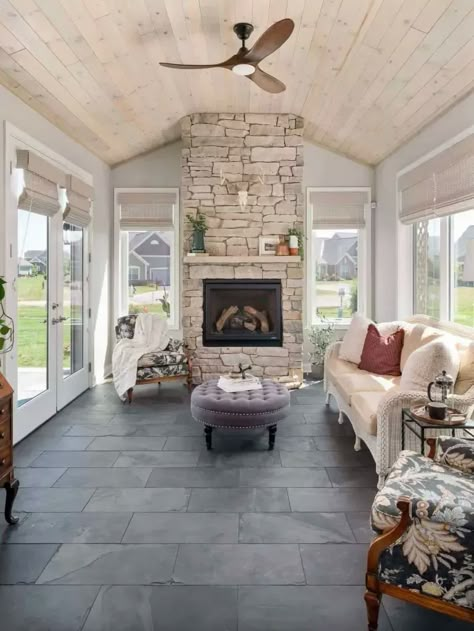 26 Creative 3 Season Porch Ideas to Inspire Your Next Cozy Retreat - placeideal.com Screened Porch And Patio Combo, 3 Season Room Ceiling Ideas, Black Three Season Room, 3 Season Porch Fireplace, Three Season Room With Fireplace, Screened In Porch With Patio, Farmhouse 3 Season Room, 3 Season Room With Fireplace, 4 Seasons Room With Fireplace