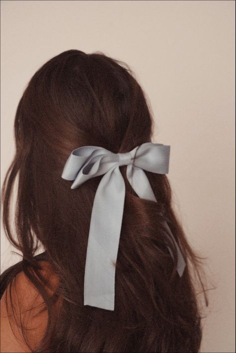 Girl with brown wavy hair wears a light blue bow that gathers her hair in the back. Baby Blue Hair, Brunette Aesthetic, Rambut Brunette, Blue Hair Bows, Light Blue Hair, Bow Hairstyle, Ribbon Hairstyle, Hair Ribbon, Ribbon Hair