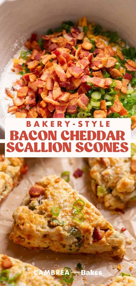 These flaky and tender savory scones are stuffed with cheddar cheese, crispy bacon, and fresh scallions. Perfect for breakfast or brunch, they're ready to eat in less than 1 hour! Cheese And Bacon Scones Recipe, Bacon Scones Cheddar, Appetizer Recipes Breakfast, Hand Breakfast Ideas, Bacon Cheddar Chive Scones, Cheddar Scallion Scones, Bacon Cheddar Scones Recipes, Savory Egg Breakfast, Sweet And Savory Brunch