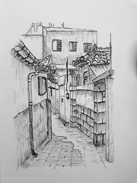 Alleyway Alleyway Drawing Reference, Alleyway Drawing, Alley Drawing, Alleyway Sketch, Japanese Street Sketch, Anime Background Alleyway, Street View Sketch, Korean Kingdom, Drawing Perspective