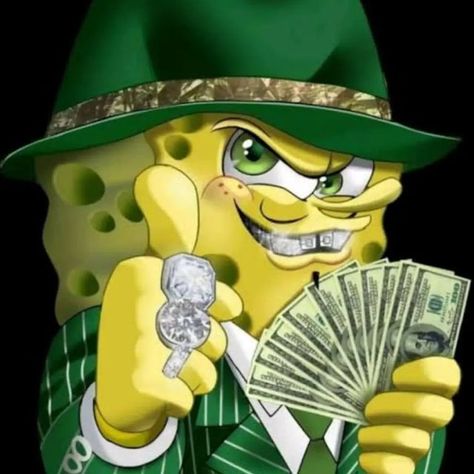 Spongebob With Money, Thug Spongebob, Rich Spongebob, Rich Cartoon Characters, Money Reaction Pic, Spongebob Illustration, Swag Spongebob, Gangsta Spongebob, Gangster Cartoon Characters