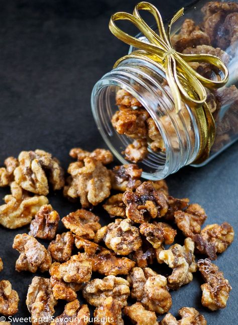 These walnuts get tossed in a sweet and spicy glaze and are then perfectly roasted until golden brown. So easy and quick to make, these Maple Spiced Walnuts make a delicious treat and are sure to be a favourite! #glazedwalnuts #spicedwalnuts #snack #SweetandSavouryPursuits Walnuts Christmas, Spiced Walnuts, Glazed Walnuts, Walnut Recipes, Nut Recipes, Paleo Vegan, Cayenne Pepper, Sweet And Spicy, Food Gifts