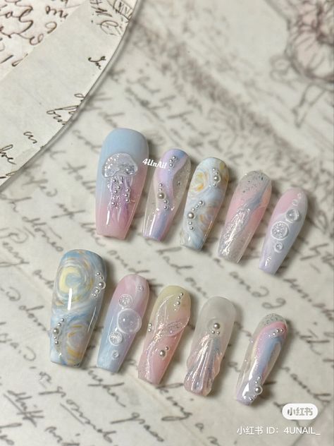 Sea Nails Aesthetic, Kokomi Nails, Nail Inspo Ideas, Nail Samples, Sea Nails, Asian Nails, Real Video, Nail Box, Strong Glue