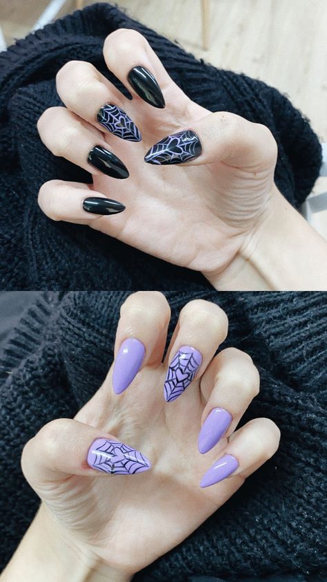 Purple And Black Spiderweb Nails, Purple Nail Designs Halloween, Goth Heart Nails, Spiderweb Halloween Nails, Spooky Nails Purple, Purple Halloween Nails Simple, Lilac Halloween Nails, Black And Purple Nails Coffin, Heart Web Nails