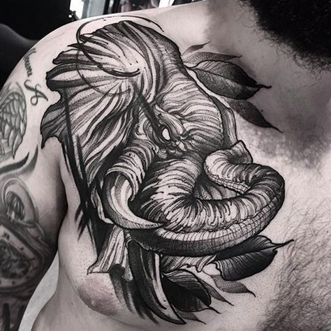 Elephant Chest Tattoo, Chest Tattoo Elephant, Elephant Tattoo Meaning, Cute Elephant Tattoo, Animal Tattoos For Men, Black And Grey Tattoos For Men, Black And Grey Tattoos Sleeve, Elephant Tattoo Design, Marvel Tattoos