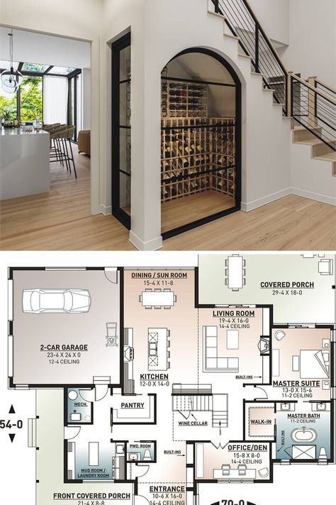 This 4 bedroom, 3.5 bathroom, 2 story Scandinavian house plan comes with photos of its gorgeous modern interior. Shown is the space saving wine cellar under the white contemporary stairs. Get the full  3,164 sq ft luxury home floor plan layout and blueprint at: https://www.thehousedesigners.com/plan/new-cotton-country-2-7270/ #houseplans #floorplan #scandinavianhousplan #scandinavianinterior #2story Luxury House Layout Plan, Luxury Floor Plans 2 Story, Modern Country Home Plans, Modern Home Blueprint, Scandinavian Home Floor Plan, 2 Stairs House Plan, Plan House 2 Floor Modern, Dream House Layout Floor Plans, Scandinavian House Floor Plan