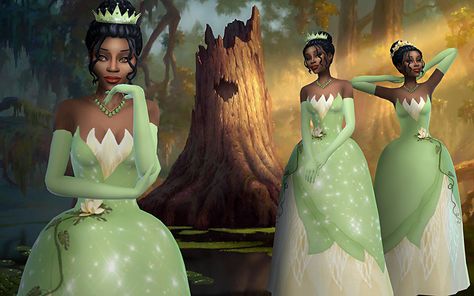 Stardust Sims 4 — TIANA PACK #2 Here comes the second pack of... Ts4 Disney Princess Cc, Tiana Sims 4 Cc, Sims 4 Tiana, Sims 4 Cc Disney Princesses, Sims 4 Disney Princess Cc, Brown Dress Wedding, Sims Disney, Princess Tiana Dress, Disney Princess Challenge