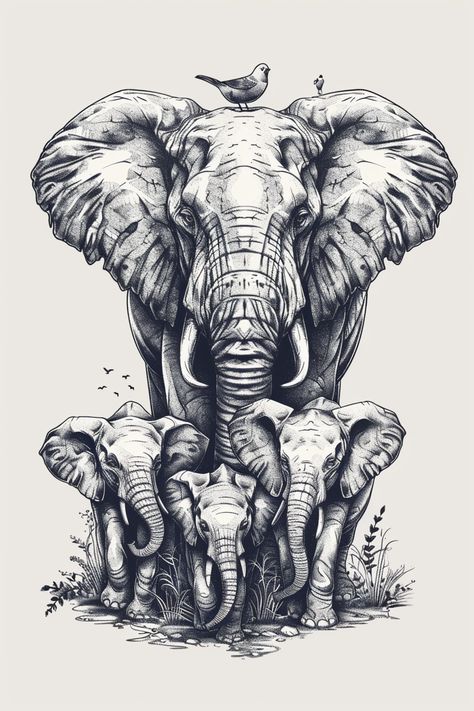 Elephant Drawing Realistic Art, Male Elephant Tattoo, Tattoos Of Elephants, Three Elephants Tattoo, 4 Elephant Family Tattoo, Elephant Tattoos On Back, Large Elephant Tattoo, Female Elephant Tattoo, Mom Elephant Tattoo