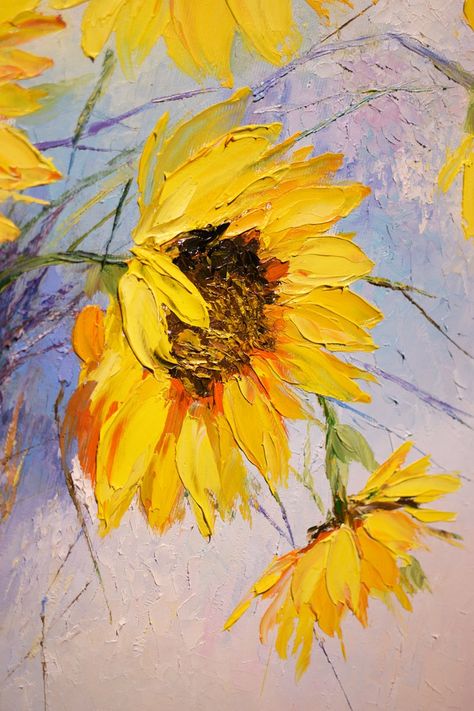 Acrylic Sunflower Painting, Yellow Art Painting, Sunflower Painting Acrylic, Sunflower Acrylic Painting, Sunflower Oil Painting, Sunflower Paintings, Texture Palette, Painted Sunflowers, Sunflowers Painting