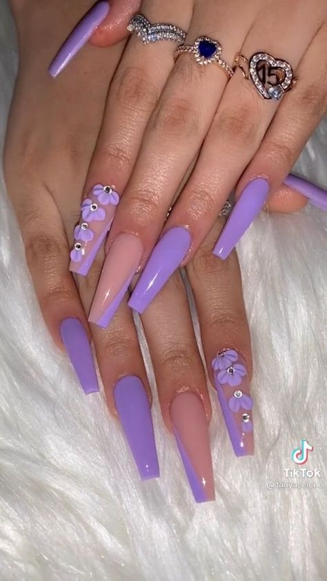 Prom Nails Acrylic Purple And Silver, 18th Birthday Nails Purple, Dark Purple Nails Acrylic Coffin Long, 21st Birthday Nails Purple, Baddie Nails Acrylic Purple, Purple Acyrilics Nails, Purple Nails Long Coffin, Lavender Nails With Rhinestones, Lavender Long Nails