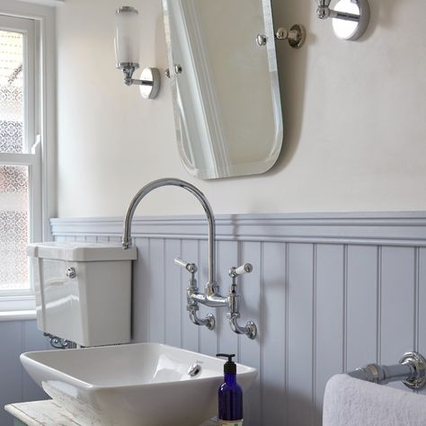 Holly Willoughby took a risk with her bathroom wall panelling | Ideal Home Dado Rail Bathroom Ideas, Half Panelled Walls Bathroom, Panelled Bathrooms, Paneling In Bathroom, Wall Paneling Bathroom, Panelling Bathroom, Bathroom Wainscotting, Bathroom Panelling, Powder Room Redo