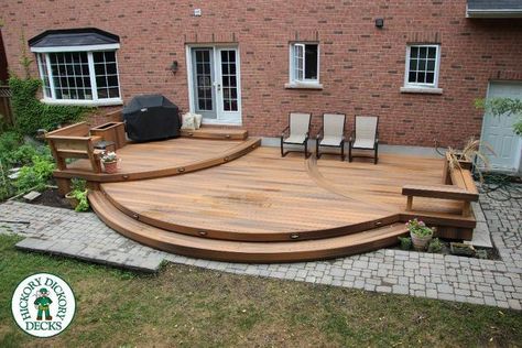 Circular Pool Deck, Pavers And Deck Backyard, Circular Decking Ideas, A Frame With Deck, Round Deck Ideas, Curved Decks, Circular Deck, Ground Level Deck Ideas, Curved Decking