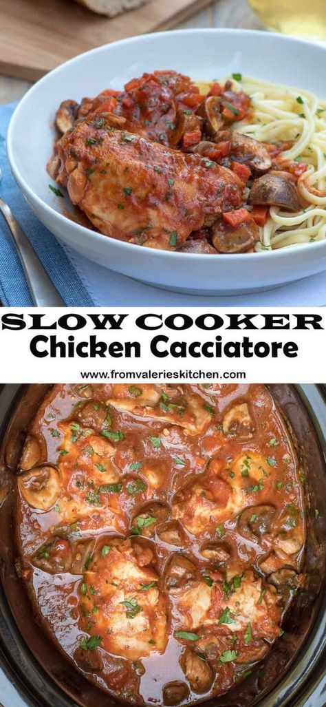 Chicken Cacciatore Slow Cooker, Cacciatore Chicken, Crockpot Chicken Cacciatore, Slow Cooker Chicken Cacciatore, Homemade Spaghetti Sauce Easy, Cacciatore Recipes, Chicken Cacciatore Recipe, Bone In Chicken, Slow Cooker Pasta