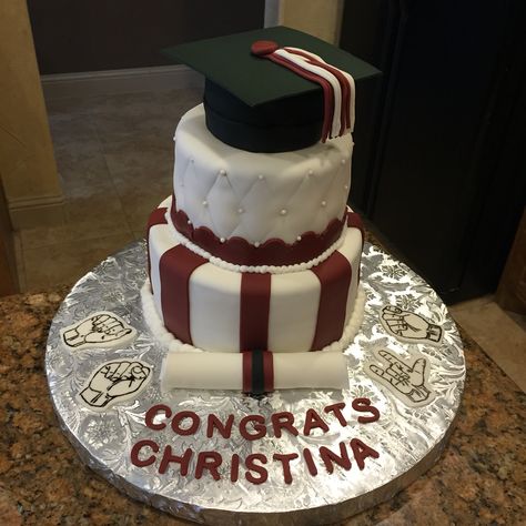 College grad cake for a sign language major!  Sign language cake! Maroon And Silver Graduation Party Ideas, Maroon Graduation Cake, Graduation Dinner Party, Graduation Cake Designs, Grad Party Inspo, Graduation Party Cake, Grad Cake, Graduation Dinner, High School Graduation Party