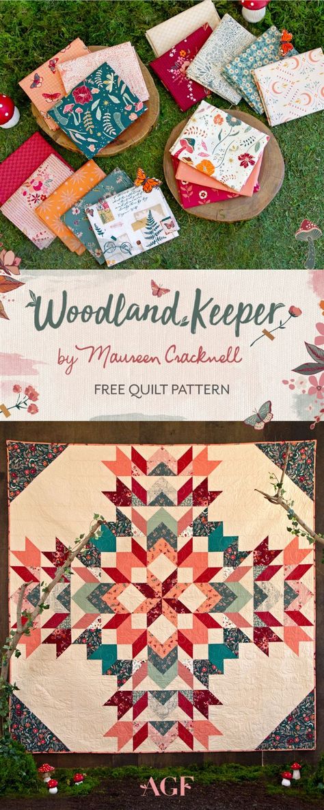 Did someone say Free Quilt Pattern? We have one just for you, the "Wild Keepsakes Quilt, made by Joyce Ulm and designed by our AGF Studio is quite breathtaking! It features our fabrics from Woodland Keeper by Maureen Cracknell in velvety jewel tones of crimson, teal and ochre which bring this magical quilt to Life! Click the link to download the free pattern and don't forget to use your FAVE AGF Fabrics. Happy Quilting! Diy Fabric Crafts, Keepsake Quilting, Textile Crafts, Block Of The Month, Teal And Gold, Art Gallery Fabrics, Fabric Projects, Quilting Crafts, Quilt Patterns Free