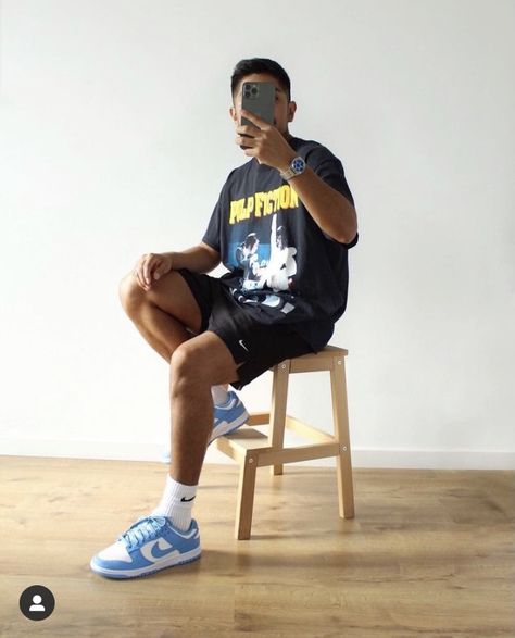 Dunks Outfit Men Summer, Men’s Nike Dunk Low Outfits, Nike Dunks Low Men Outfit, Blue Nike Dunks Outfit Men, Men Dunk Low Outfit, Light Blue Dunks Outfit Men, Sneakerhead Outfit Men, Nike Dunk Low Outfit Men Shorts, Unc Dunks Outfit Men