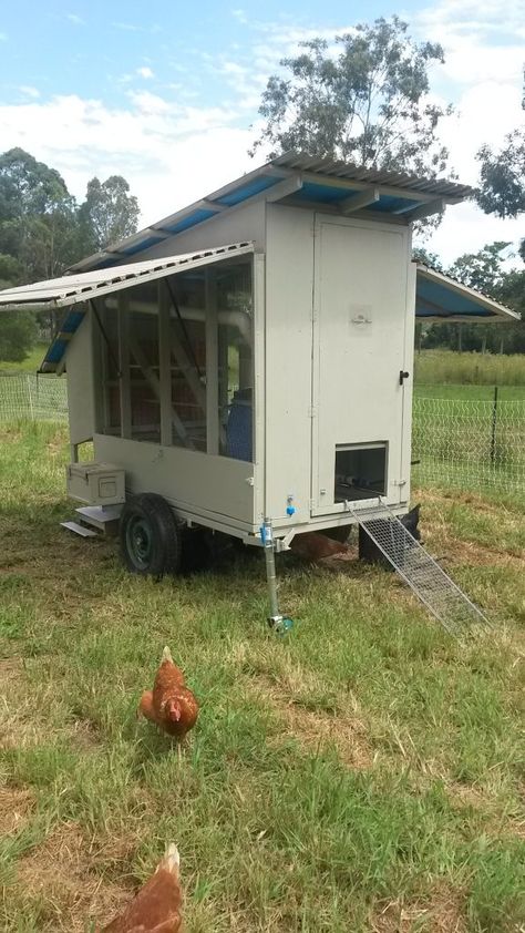 Chicken Coop On Trailer Frame, Trailer Chicken Coop, Chicken Trailer, Egg Mobile, Automatic Chicken Door, Mobile Chicken Coop, Day Old Chicks, Backyard Chicken Coop Plans, Chicken Tractors