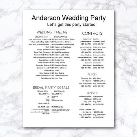 "We know how hectic the day of a wedding can be. How do you tell your bridal party what they are expected to do, at what time, and where to be the day of the wedding without coming off as a Bridezilla. This timeline will allow you to give precise details on the wedding day schedule, contact information of those most active in the wedding planning, and vendor details that might come in handy if a phone call or trip needs to be made. Simply download, edit, and print!  File is US Letter size 8.5\" Wedding Parties Timeline, Bridesmaid Timeline Day Of Wedding, Simple Wedding Timeline Day Of, Sample Wedding Itinerary, Day Of Wedding Schedule, Wedding Party Duties, Day Of Timeline Wedding, Wedding Timeline Day Of 4pm, Wedding Timeline Day Of 3pm Ceremony