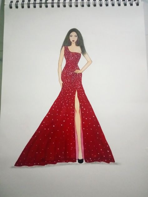 #Fashion illustration #One shoulder #red party wear gown #stylish #fashionable Party Wear Illustration Fashion, Party Wear Illustration, Party Wear Gown, Dress Illustration, Fashion Sewing Tutorials, Red Party, Fashion Illustration Dresses, Woman Illustration, Birthday Party Dress