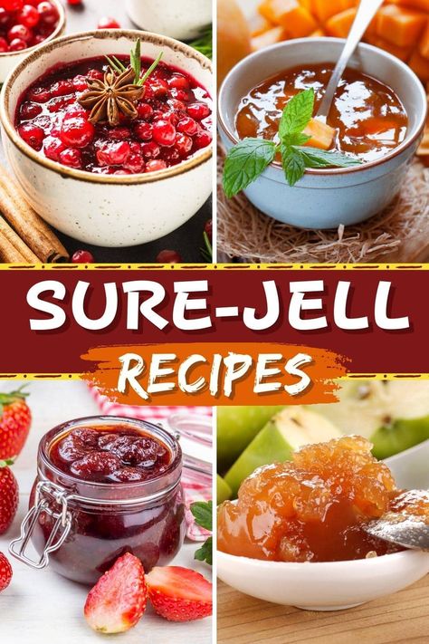 Make fantastic homemade jams with these Sure-Jell recipes! From strawberry to apricot to grape, each one is a tasty treat. Jellies And Jams, Sure Jell Grape Jelly Recipe, Jams And Jelly Recipes, Triple Berry Jam Recipe, Sure Jell Recipe, Pear Jelly Recipes, Jam And Jelly Recipes, Grape Jam Recipe, Pomegranate Jelly