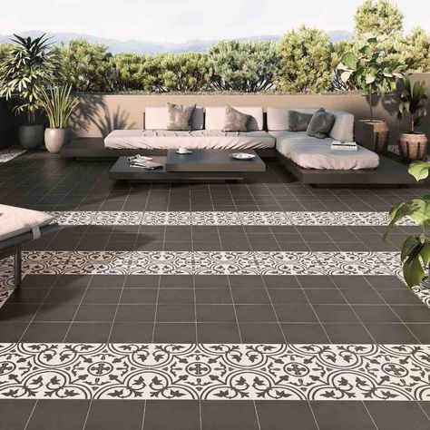 Jazz Patterned Porcelain Tile Courtyard 8x8 is suitable for floor and wall applications such as bathrooms, showers, and kitchen backsplash. Made of highly-quality Spanish porcelain, this tile can withstand extreme weather conditions and last a long time. Made in Spain Impervious to Liquids and Vapors. Resistant to fading, staining, and discoloration. Frost Proof 25 Pieces per Box (11 Square Feet) Easy to install Thickness: 0.24 inches Shade and color variations are inherent in glass tile, creati Patio Flooring Design, Terrace Flooring Design, Terrace Floor Design Outdoor, Spanish Tile Floor Patio, Tiles For Outside House Floor, Outdoor Patterned Floor Tiles, Tile Backyard, Tiles Outdoor, Patio Tiles Ideas