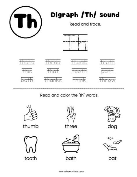 Digraph 'th' Worksheet | Kindergarten Worksheets Th Digraph Worksheet, Th Worksheets Digraph, Wh Digraph Worksheets, Th Digraph, Digraph Worksheets, Th Words, Digraphs Worksheets, Worksheet Kindergarten, Consonant Digraphs